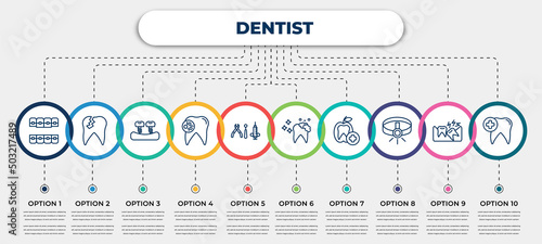 vector infographic template with icons and 10 options or steps. infographic for dentist concept. included lingual braces, damaged tooth, fake tooth, bacteria in mouth, dental hook, tooth cleaning,