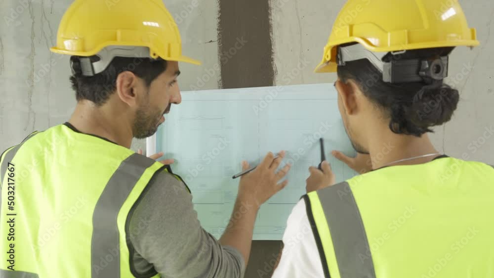 A group of workers, a designer team talk, communicate, discuss, and work in meeting room on construction site, present ideas to colleagues. People lifestyle. Corporation. Men A group of workers, a designer team talk, communicate, discuss, and work in meeting room on construction site, present ideas to colleagues. People lifestyle. Corporation. Men
