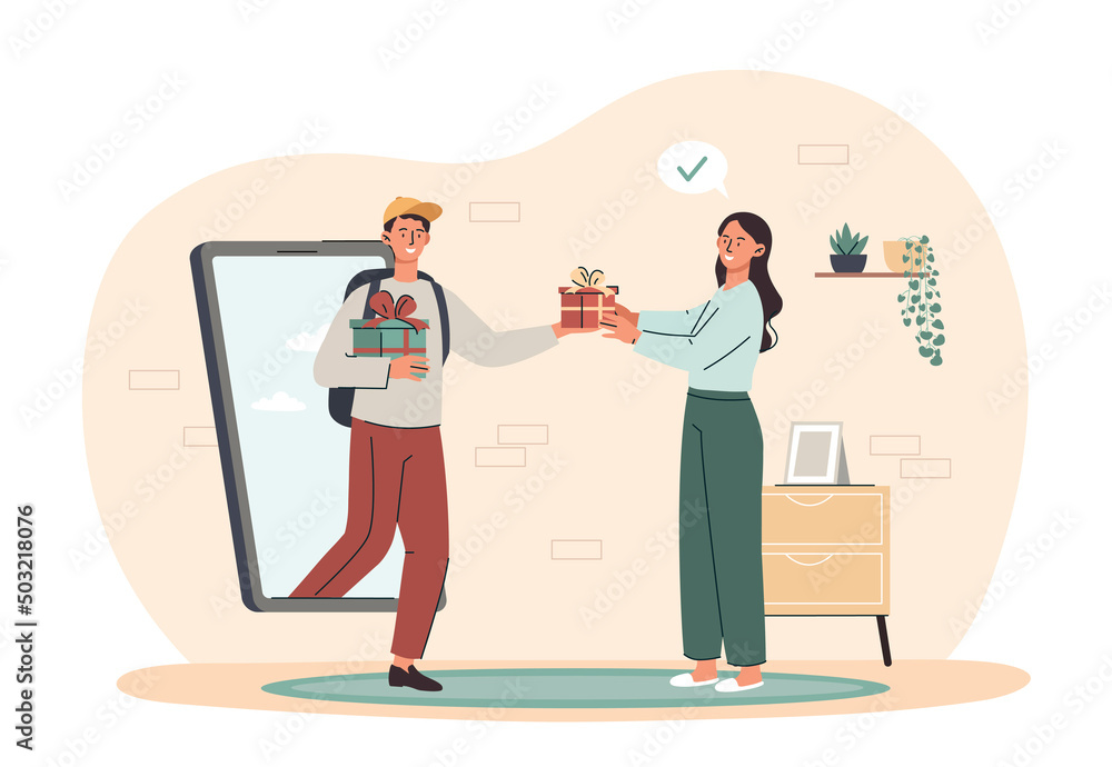 Delivery service concept. Man from screen of smartphone holds out gifts to girl. Modern technologies and convenient service. Courier and hostess, online shopping. Cartoon flat vector illustration