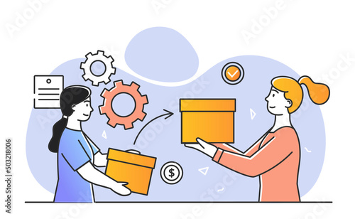 Concept of trade. Girls exchange parcels, international trade and globalization. Business device, goods exchange scheme. Partnership and deal closing metaphor. Cartoon flat vector illustration
