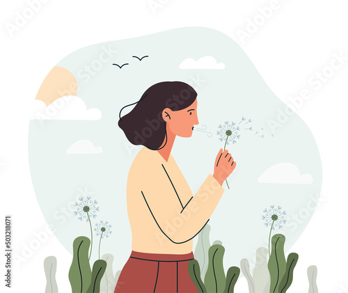 Woman blowing dandelion. Young girl with flower in hand, character in nature, weekend vacation. Active lifestyle. Character makes wish, imagination and fantasy. Cartoon flat vector illustration
