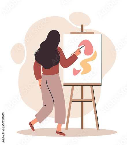 Woman artist at canvas. Creative personality and art. Young girl trained, skills development. Character draws abstract patterns and shapes in different colors. Cartoon flat vector illustration