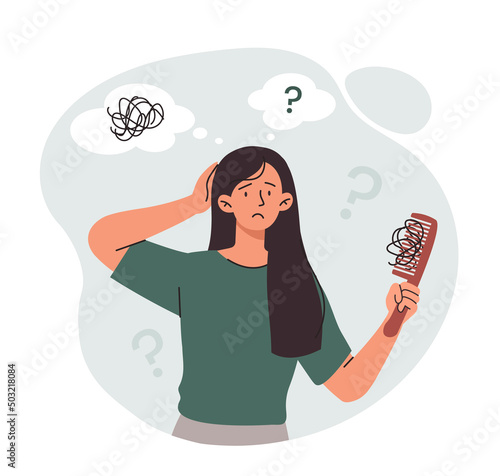 Hair loss concept. Young girl looks sadly at hairstyle with strands of hair. Alopecia and health problems, lack of vitamins and important amino acids, medical poster. Cartoon flat vector illustration