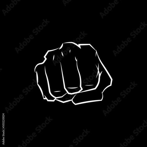 White outline fist icon, hand punch martial logo, self defense boxing illustration vector