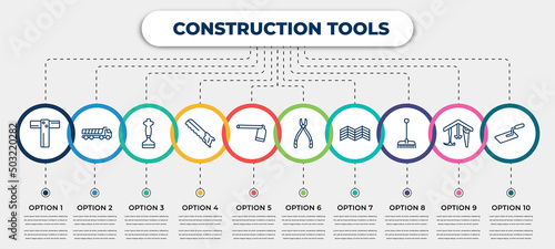 vector infographic template with icons and 10 options or steps. infographic for construction tools concept. included boning rod, dumper, bolster, carpenter saw, gardening digger, plier, parquet,