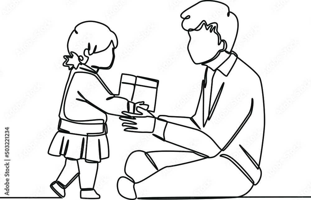 Continuous one line drawing of girl child giving present to her father. Father is superhero. Happy father's day. Single line draw design vector graphic illustration. Continuous one line drawing of girl child giving present to her father. Father is superhero. Happy father's day. Single line draw design vector graphic illustration.