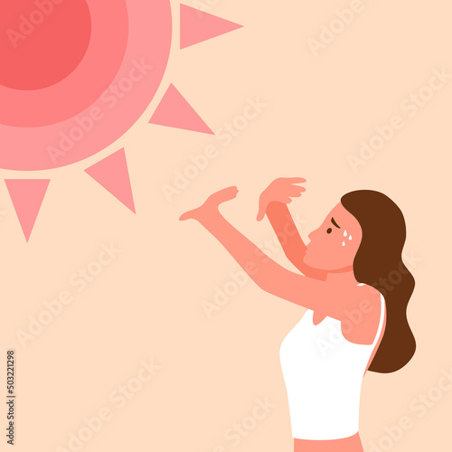 Woman suffering from heat and sweaty dehydration under strong sunlight in flat design. Hot climate in summer.