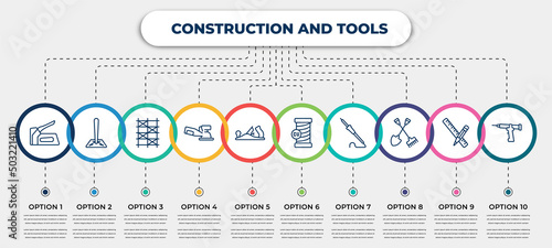 vector infographic template with icons and 10 options or steps. infographic for construction and tools concept. included staple gun, soil, scaffolding, sanding hine, planer, copper, iron soldering,