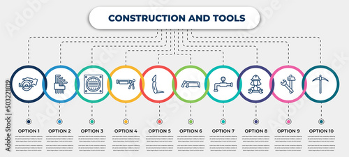 vector infographic template with icons and 10 options or steps. infographic for construction and tools concept. included chop saw, allen keys, drain, caulk gun, jackknife, metal saw, relief valve,