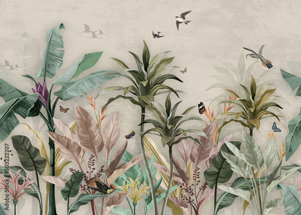 wallpaper palm  tropical forest vintage jungle pattern with birds - obrazy, fototapety, plakaty 