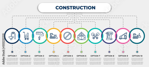 vector infographic template with icons and 10 options or steps. infographic for construction concept. included adjusment system, trolley with cargo, roller and paint, bulldozer, stopping, joist, two
