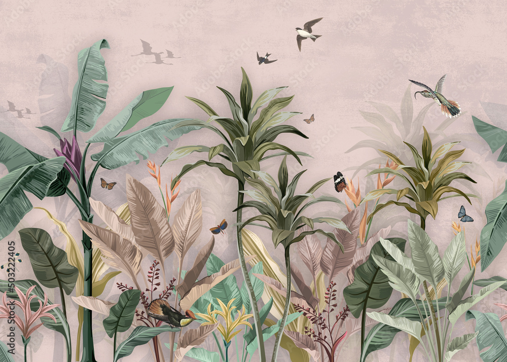 pink wallpaper palm  tropical forest vintage jungle pattern with birds - obrazy, fototapety, plakaty 