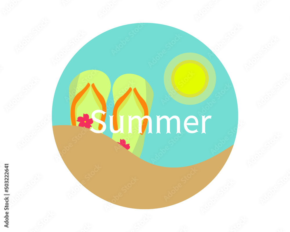 Fototapeta premium 夏 ビーチと太陽 ロゴアイコン ビーチサンダル 広告・チラシ・ワンポイント ベクターイラスト
