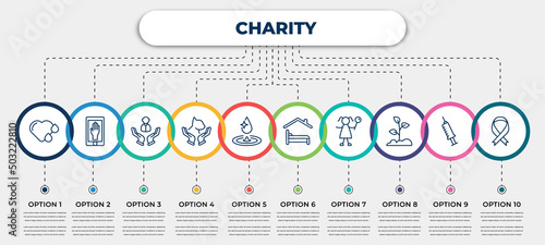 vector infographic template with icons and 10 options or steps. infographic for charity concept. included heart drop, charity app, human, animal rights, clean water, shelter beds, happy kids,