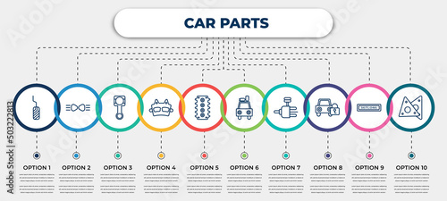 vector infographic template with icons and 10 options or steps. infographic for car parts concept. included car pedal, car parking light, connecting rod, brake pad, cylinder head, luggage rack,
