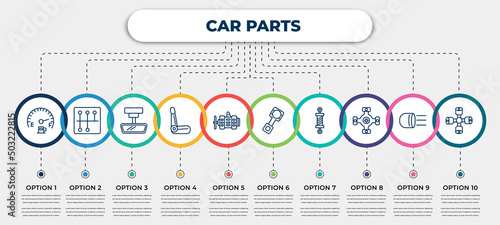 vector infographic template with icons and 10 options or steps. infographic for car parts concept. included car petrol gauge, car gearbox, rear-view mirror, bucket seat, alternator, piston, coil,