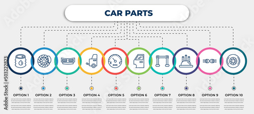 vector infographic template with icons and 10 options or steps. infographic for car parts concept. included car petrol tank, car disc brake, cowl, towbar, fuel gauge, door, torsion bar, distributor