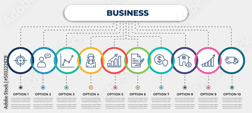 vector infographic template with icons and 10 options or steps. infographic for business concept. included target, man talking, graphic chart, businesswomen, statistical chart, , safe money,