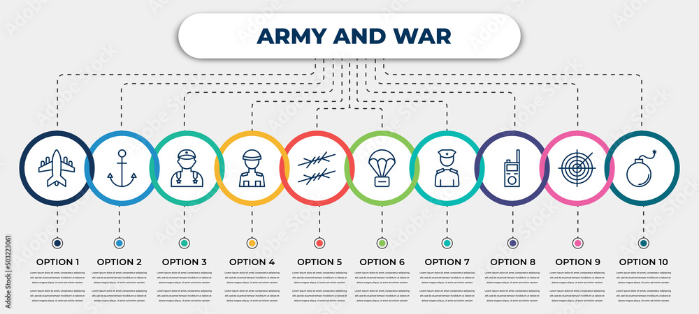 Army Knowledge Graphics vector infographic template with icons and 10 options or steps ...