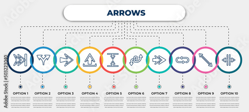 vector infographic template with icons and 10 options or steps. infographic for arrows concept. included skip track, split arrows, right, upload, vertical resize, double arrow, next, loop arrows,