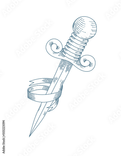 Blade with ribbon. Vector illustration in tattoo style.