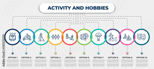 vector infographic template with icons and 10 options or steps. infographic for activity and hobbies concept. included collecting, motorcycle riding, skiing, foosball, freestyle, petanque, jump