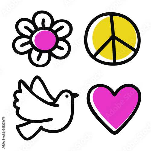 set of hand drawn contour symbol of love and peace