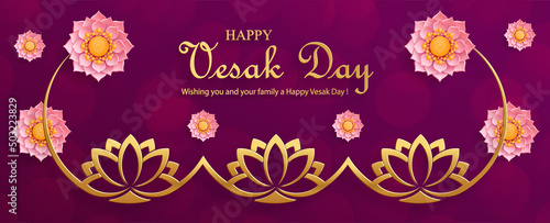 Happy Vesak Day card with Buddha symbols and oriental Asian elements 