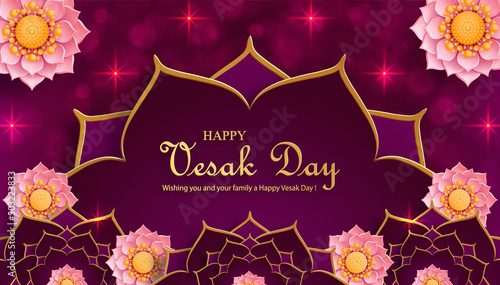 Happy Vesak Day card with Buddha symbols and oriental Asian elements 