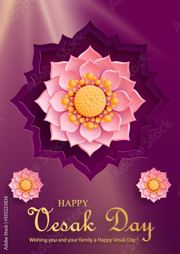 Happy Vesak Day card with Buddha symbols and oriental Asian elements 