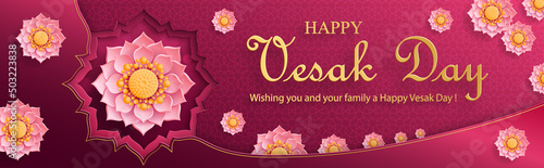 Happy Vesak Day card with Buddha symbols and oriental Asian elements 
