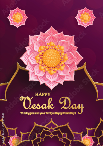 Happy Vesak Day card with Buddha symbols and oriental Asian elements 