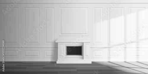 empty classic room interior with fireplace   wall pannels wooden floor window sun light effect vector illustration