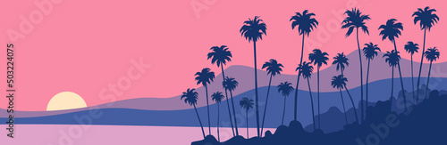 sunset on the protical beach palm trees mountains ocean beautiful summer landscape vector illustration