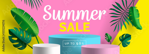 summer sale banner design with tropical leaves and podiums product presentation  vector illustration
