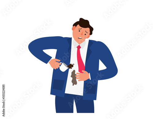 clumsy businessman with cup spill coffee himself vector illustration