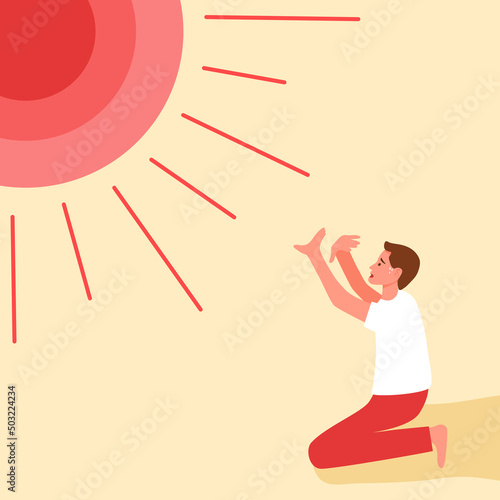 Man suffering from heat and sweaty dehydration under strong sunlight in flat design. Hot climate in summer.