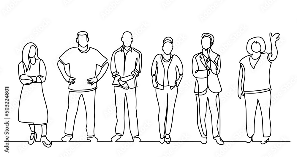 continuous line drawing of diverse group of standing people continuous line drawing of diverse group of standing people