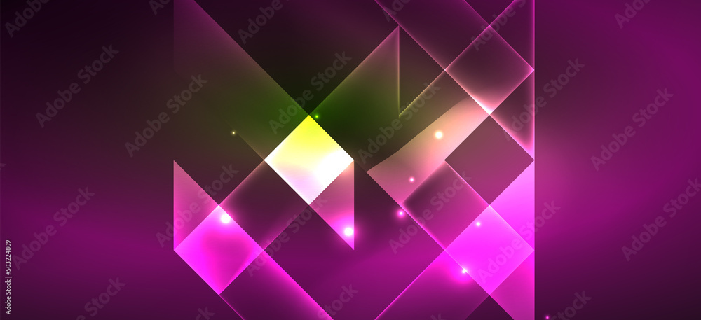 Background neon glowing lines and geometric shapes. Lights in the dark wallpaper for concept of AI technology, blockchain, digital, communication, 5G, science Background neon glowing lines and geometric shapes. Lights in the dark wallpaper for concept of AI technology, blockchain, digital, communication, 5G, science