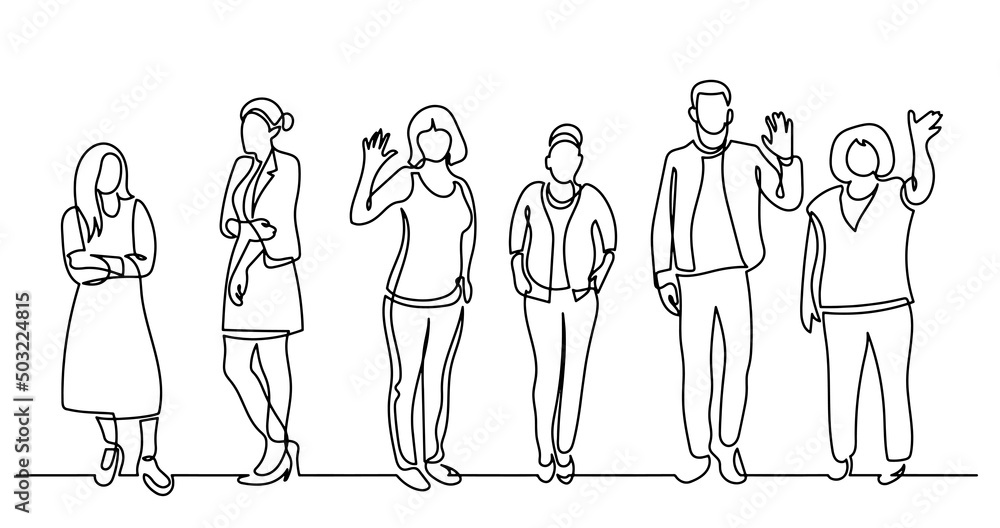 continuous line drawing of diverse group of standing people
