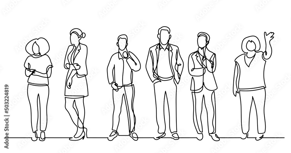 continuous line drawing of diverse group of standing people continuous line drawing of diverse group of standing people