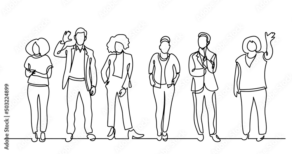 continuous line drawing of diverse group of standing people continuous line drawing of diverse group of standing people