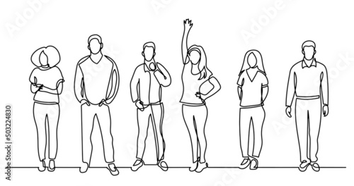 continuous line drawing of diverse group of standing people