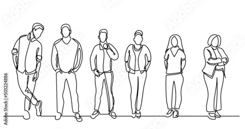 continuous line drawing of diverse group of standing people