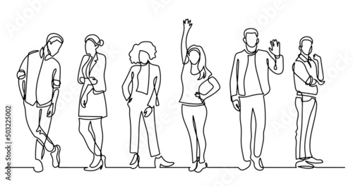 continuous line drawing of diverse group of standing people
