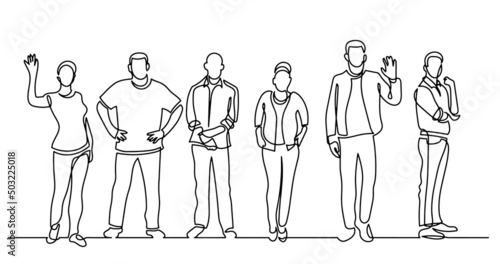 continuous line drawing of diverse group of standing people