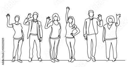continuous line drawing of diverse group of standing people