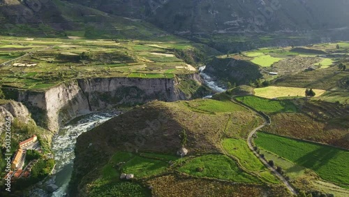 Chivay, Colca Canyon, Peru: Drone footage of the famous colca river and its canyon near Chivay in the Arequipa region in the Andes in Peru in south Amercia photo