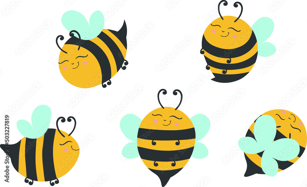 Honey bee isolated cartoon icon set. Vector illustration of honey bee