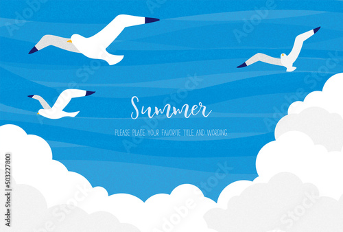 カモメと入道雲と青空を組み合わせた夏のイメージ素材